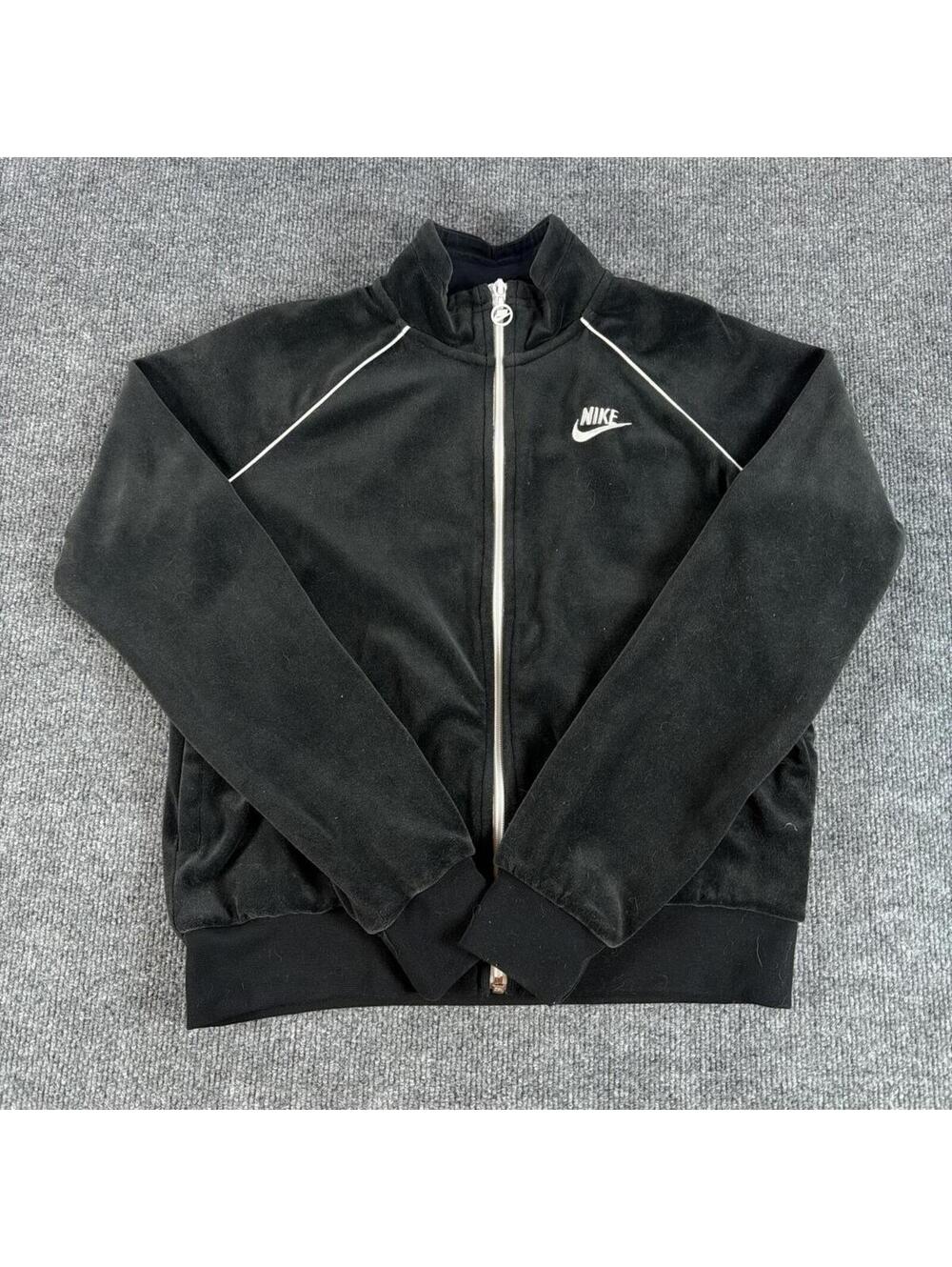 Nike Black Velour Full Zip Track Jacket White Piping Small Velvet, Athleisure